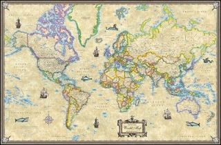 Antique Style World Wall Map Poster LARGE 50x38   Laminated or Paper