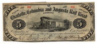 1873 $5 Charlotte, Columbia and Augusta Railroad SOUTH CAROLINA note w 