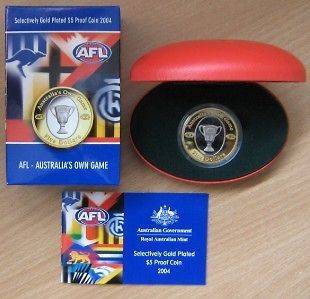 2004 AUSTRALIAN AFL SELECTIVELY GOLD PLATED $5 PROOF COIN   HALF CAT 