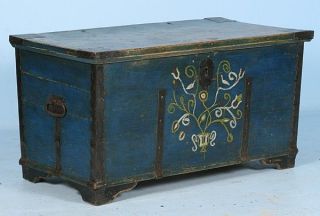 Beautiful Large Hand Painted Blue Antique Trunk Floral and Bird Motif