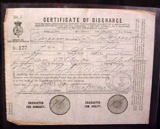 Merchant Navy Seamans Discharge Certificate 1900 Tilbury Essex Named 
