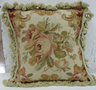 14 Floral Roses French Aubusson Design Wool Needlepoint Throw Pillow 
