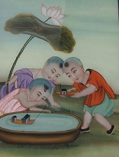 Chinese Reverse painting on glass of Children Playing around a Pond
