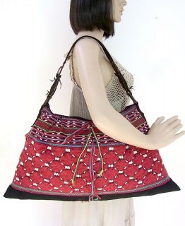 Handbag Vintage Crimson Embroidered Cloth Hmong Bag with Seeds Genuine 