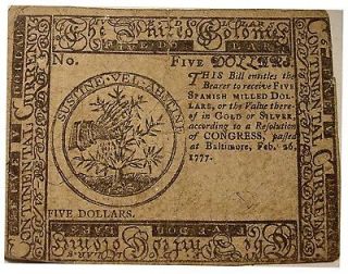1777 Continental Currency  Balt​imore  Scarce $5  Hall & Sellers