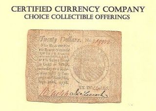 1778 September 26th $20 Continental Currency Affordable Colonial 