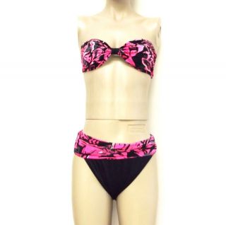   High Waist Black & Neon Pink Bandeau Bikini Swimsuit Bathing Suit S