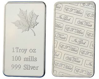 Troy Ounce Bar, 100 Mills .999 Silver Clad Bullion, 2012  Maple Leaf 