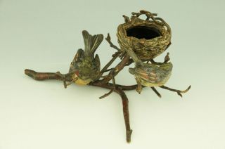   painted Vienna bronze birds on branch with nest stamped Geschutzt
