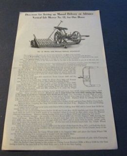 Old 1916 Adriance Vertical Lift Mower No 12 Direction Sheet   MOLINE 