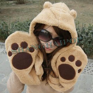 Bear Ear Hat Mitten Earflap Claw Paw Glove Cute Cap Animal Costume 