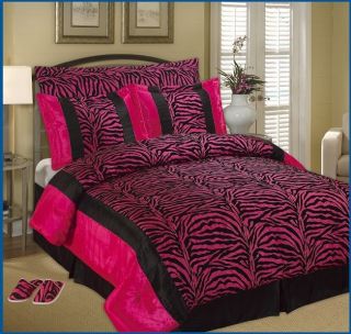 OctoRose (TM) Faux Silk Black / Pink Zebra Printing Comforter Set and 
