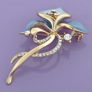 Fashion Jewelry Blue Orchid Shape White Topaz 18k Gold Plated Brooch 