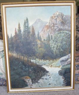VINTAGE OIL ON CANVAS LANDSCAPE PAINTING 32X42 w/ FRAME signed Aba 