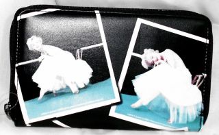 MARILYN MONROE BLACK WALLET W/BALLERINA PHOTOS ZIP AROUND LOTS OF CARD 