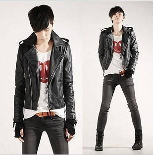 New Mens Fashion Slim Fit Zipper PU Leather Black Coat Jacket 4 Size