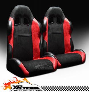 2x SP Type Suede & PVC Leather JDM Blk & Red Reclinable Racing Seats 