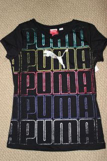 NWT Puma Tee Top Shirt Girls S/S Black Silver Shiny Letters Free US 