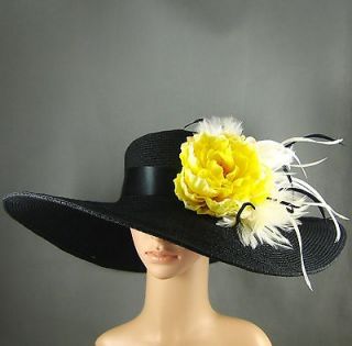 NEW Kentucky Derby Hat Black Feathers Wide Brim Dress Wedding Tea 