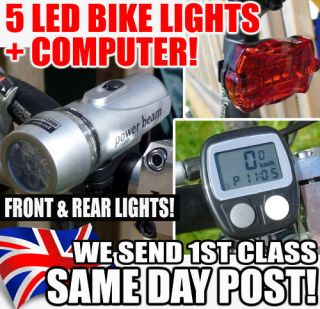 NEW   Front & Rear Bicycle 5 LED BIKE LIGHTS + COMPUTER