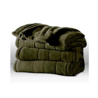 Sunbeam Heated Electric Blanket Channeled Microplush Queen Size Olive 