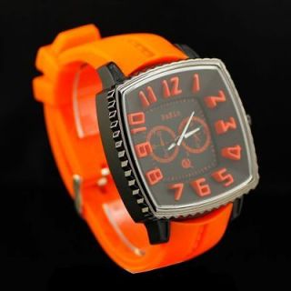   Men Big Square Face 3D Orange Number Silicone Band Fashion Wrist Watch