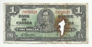 1937 CANADA CANADIAN $1 BILL~~GORDON TOWERS~~BURN HOLE