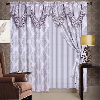   Luxury Silver Jaquard Panel Valance Curtain Drapes Window Set New