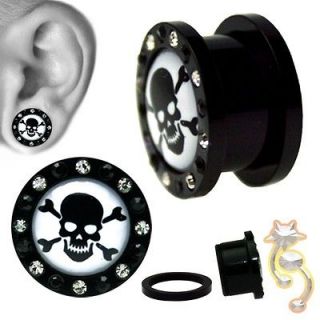   Bones Clear CZ Gothic Plugs Black White Gauge Body Jewelry Tunnel Ear
