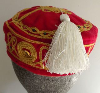   velvet smoking cap Red hat with thick white tassel Choice of size NEW
