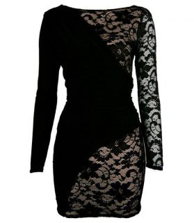 Drape And Lace Detail Bodycon Dress with Beige Lining in Black,Size S 