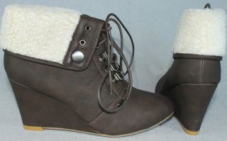   Fur Lined Fold Over Convertible Wedge Bootie Lace up in Brown