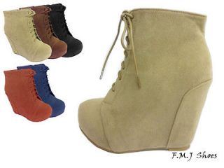 FMJ Shoes Wedge Bootie Round Toe Platform Women Ankle Boot Lace UP 