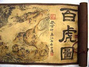 Chinese famous great silk painting scroll 100 tiger
