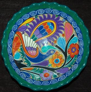 VIBRANT LATIN AMERICAN POTTERY BOWL WITH HAND PAINTED PEACOCK AND 