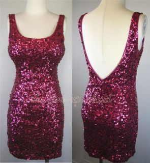 Metallic Fuchsia Pink Sequin Deep V Back Bodycon Mini Dress Sz S M L