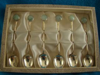 antique chinese hand carved jade inlay silver spoon signed with box