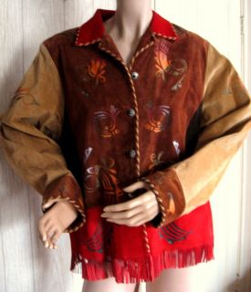 Char Santa Fe Brown Camel Red Suede Southwestern Style Fringe Jacket L