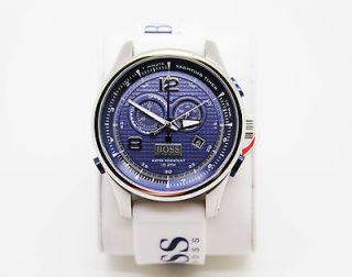  Boss Mens Yachting Timer Blue Dial White Rubber Chronograph Watch 