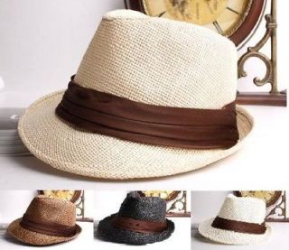 New Mens silk band Straw TRILBY FEDORA Gangster Hat Cap Fedora vintage 