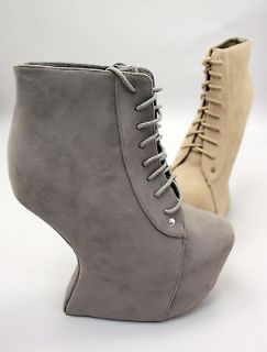 NEW Women Arched No Heel Lace Up HEELLESS Grey Taupe Wedge Ankle 