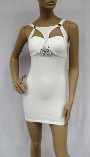 EN678 WHITE SEQUIN RING STRAP STRETCH CLUBWEAR PARTY SEXY DRESS M