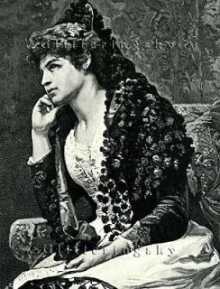 Italian Spanish Victorian Lace Veil Lady Antique Print
