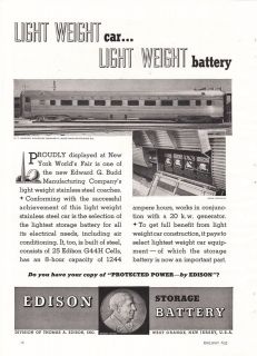 1939 Edison Storage Battery Ad Pennsylvania Railroad Budd built Coach