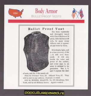 BODY ARMOR USED IN U.S CIVIL WAR HISTORY CARD Bullet Proof Vest