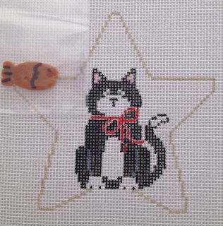   Black Cat Star with Fish Button Hand Painted Needlepoint Canvas