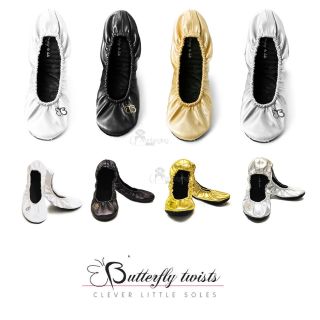 Butterfly Twists Ballet Pumps Flats Fold Up Shoes Faux Black Gold 
