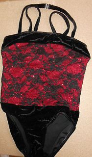   Red Black Lace Sparkle Dance Leotard Velvet Trim Ch/Adult Camisole