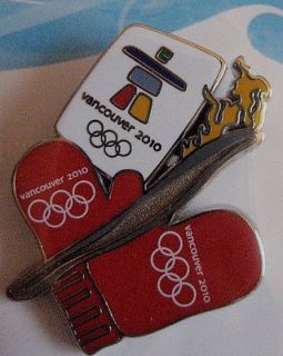 Vancouver 2010 Olympics red mitten & torch pin backstamped