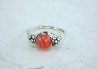 Sterling Silver Red Sardonyx and Bali Bead Ring